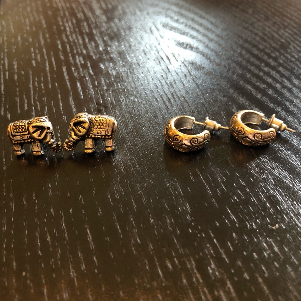 2 Pairs of Metalwork Earrings - Elephant and C Hoop